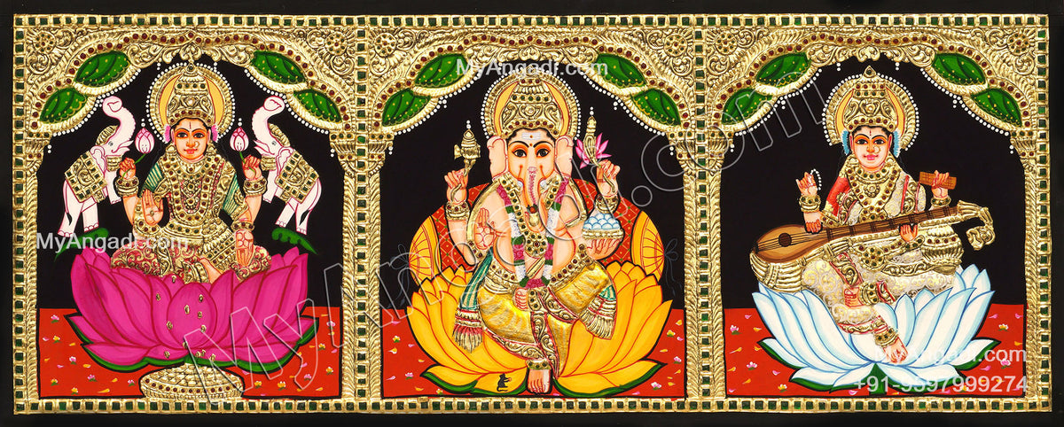 3 PanelLakshmi Ganesha Saraswathi Tanjore Painting