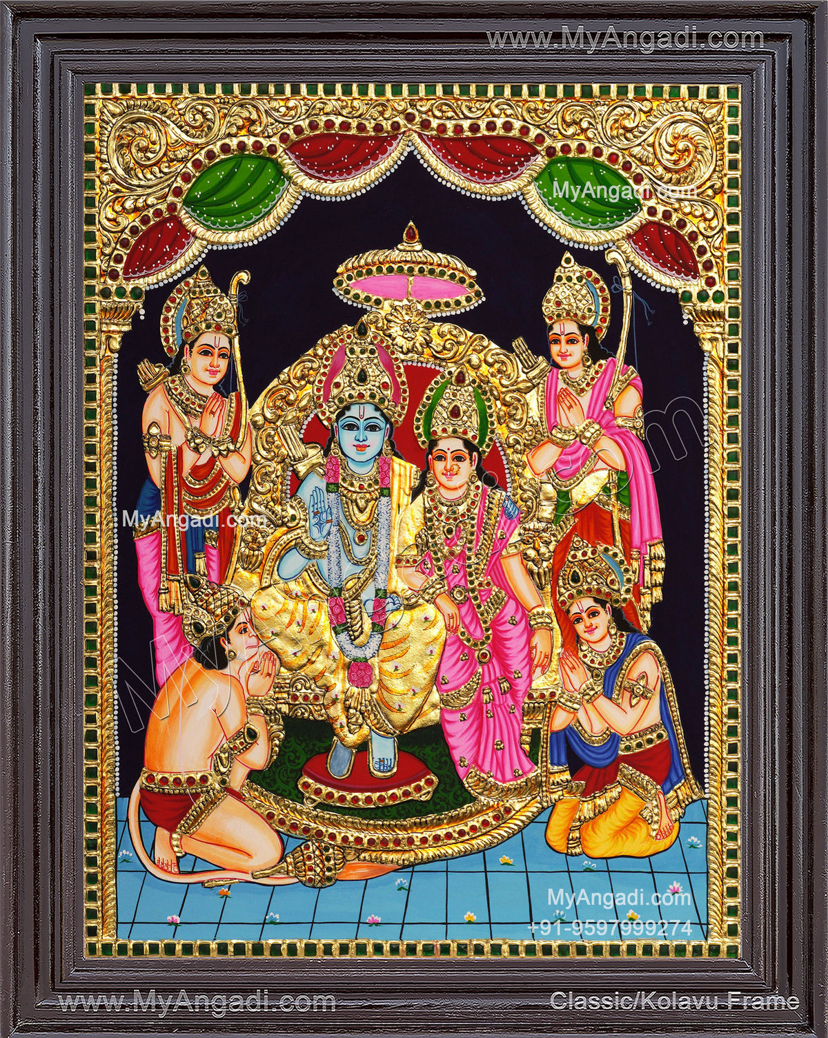 Ram Darbar - Ram with Sita, Hanuman, LakshmananTanjore Painting