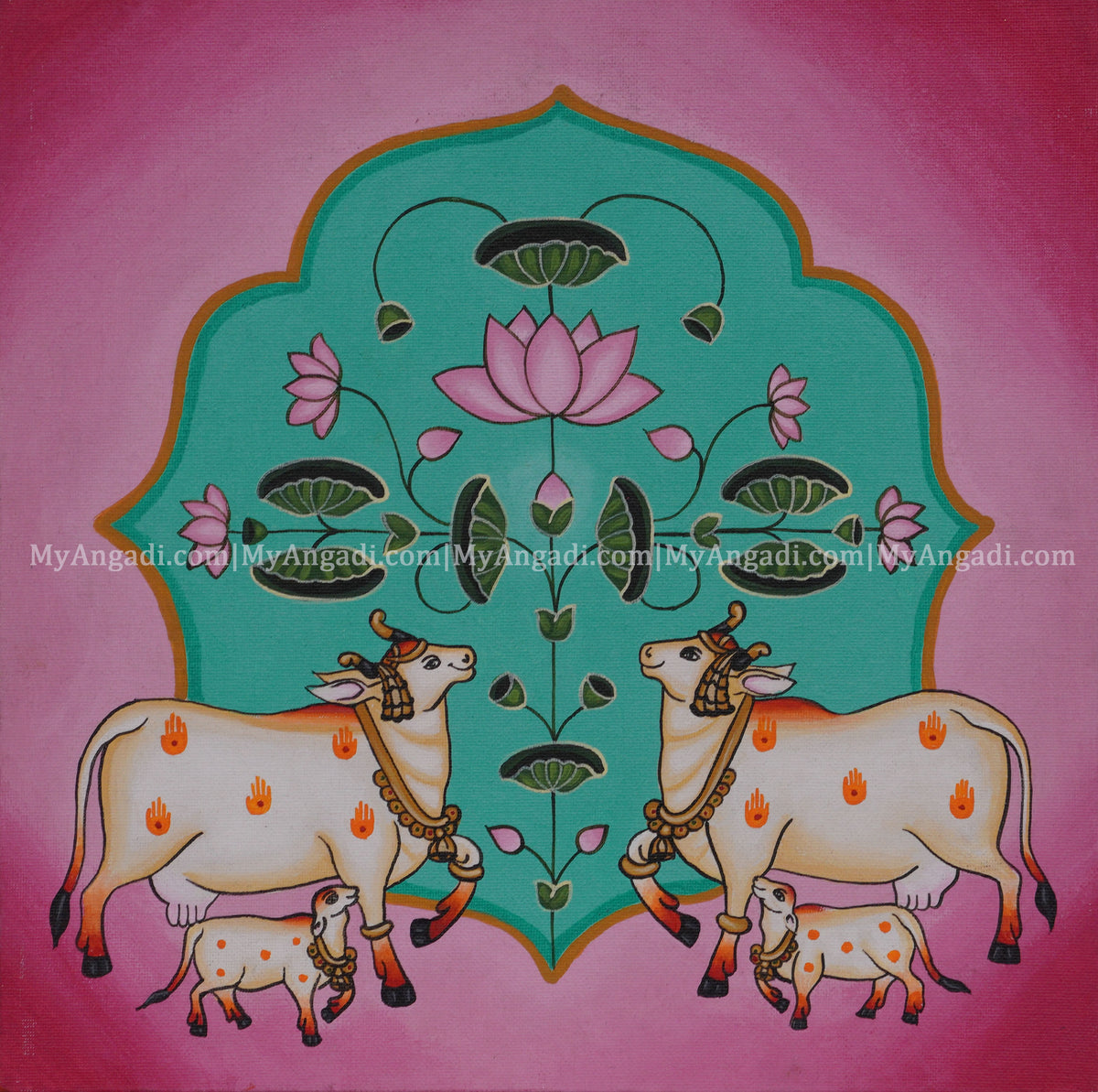 Cow Calf Lotus Canvas Painting 
