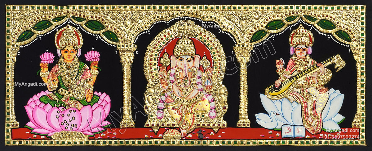 3 PanelLakshmi Ganesha Saraswathi Tanjore Painting