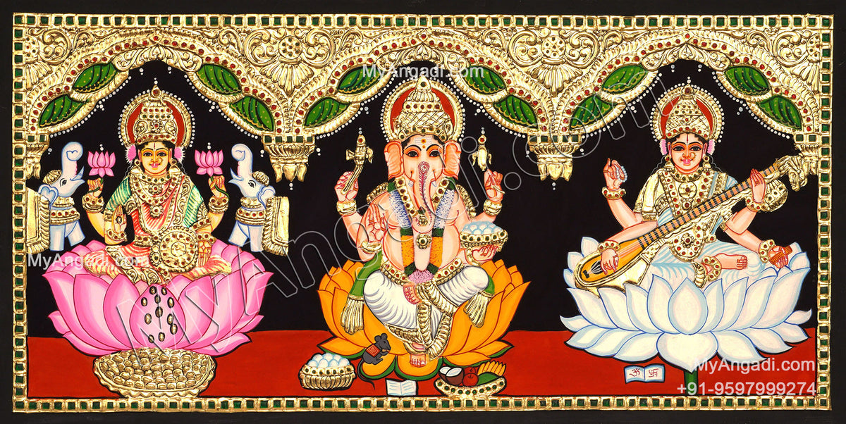 3 PanelLakshmi Ganesha Saraswathi Tanjore Painting