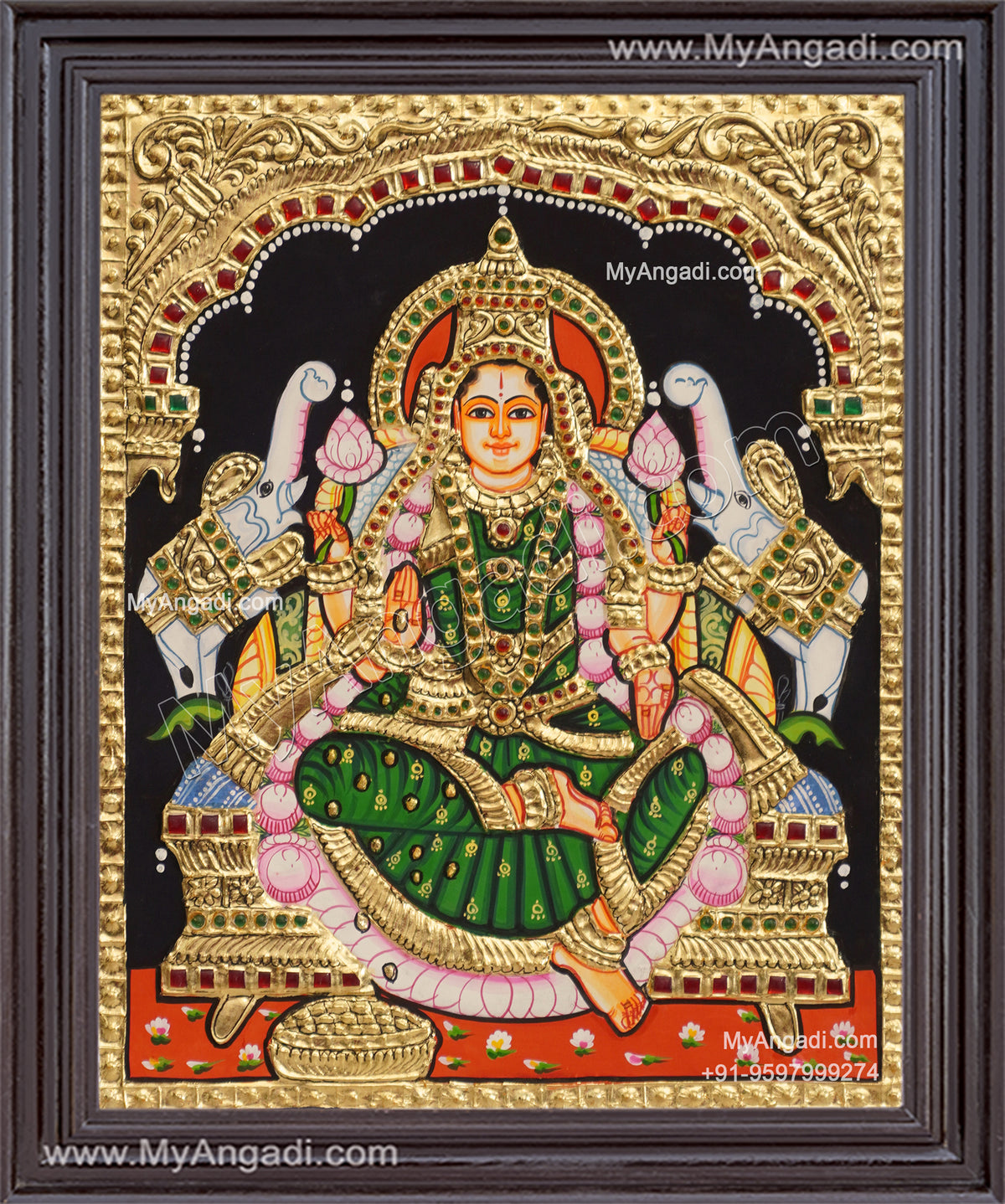 Gajalakshmi with Green Saree Tanjore Painting