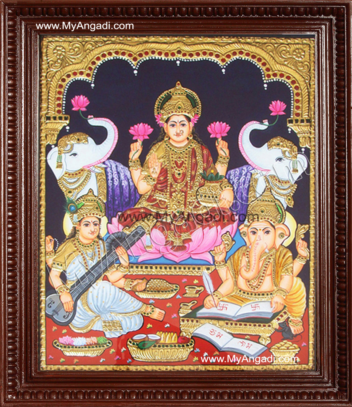 Lakshmi, Saraswathi, Ganesha Tanjore Painting, Lakshmi Tanjore Painting