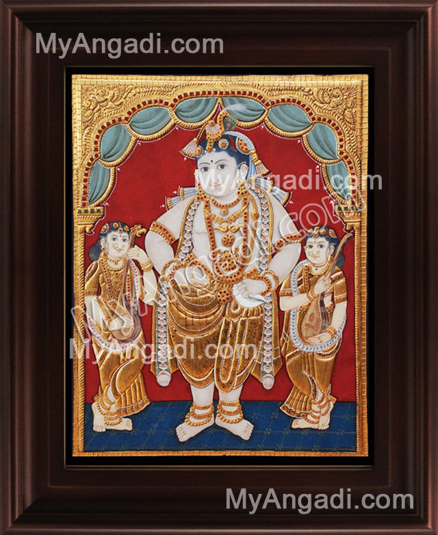 Antique Krishna Bama Rukmani Tanjore Painting, Krishnar Bama Rukmani Tanjore Painting