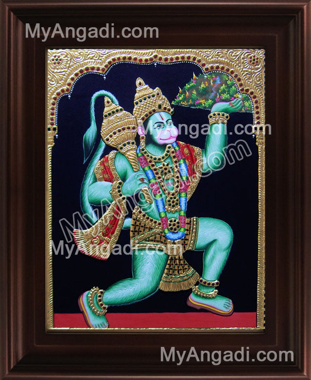 Hanuman With Sanjeevi Malai Tanjore Painting, Anchaneyar Tanjore Painting