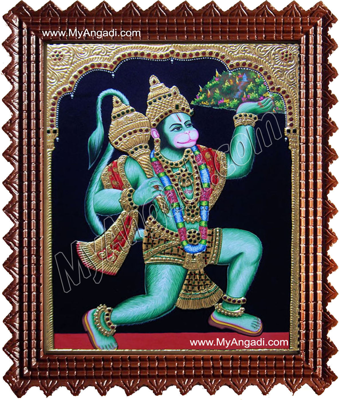 Hanuman With Sanjeevi Malai Tanjore Painting, Anchaneyar Tanjore Painting