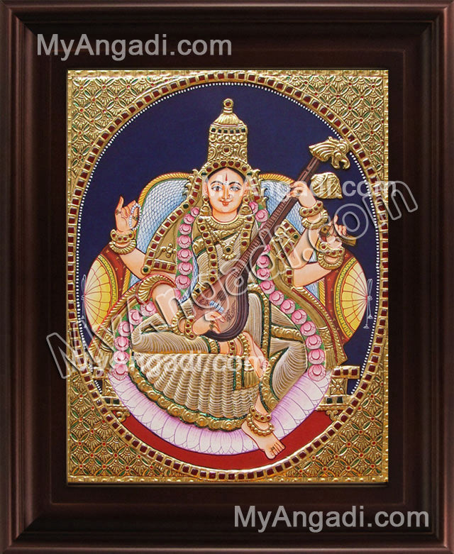 Oval Saraswathi Tanjore Painting, Traditional Saraswathi Tanjore Painting