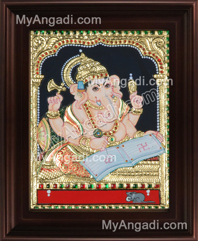 Ganesha With Books Tanjore Painting, Ganesha Tanjore Painting
