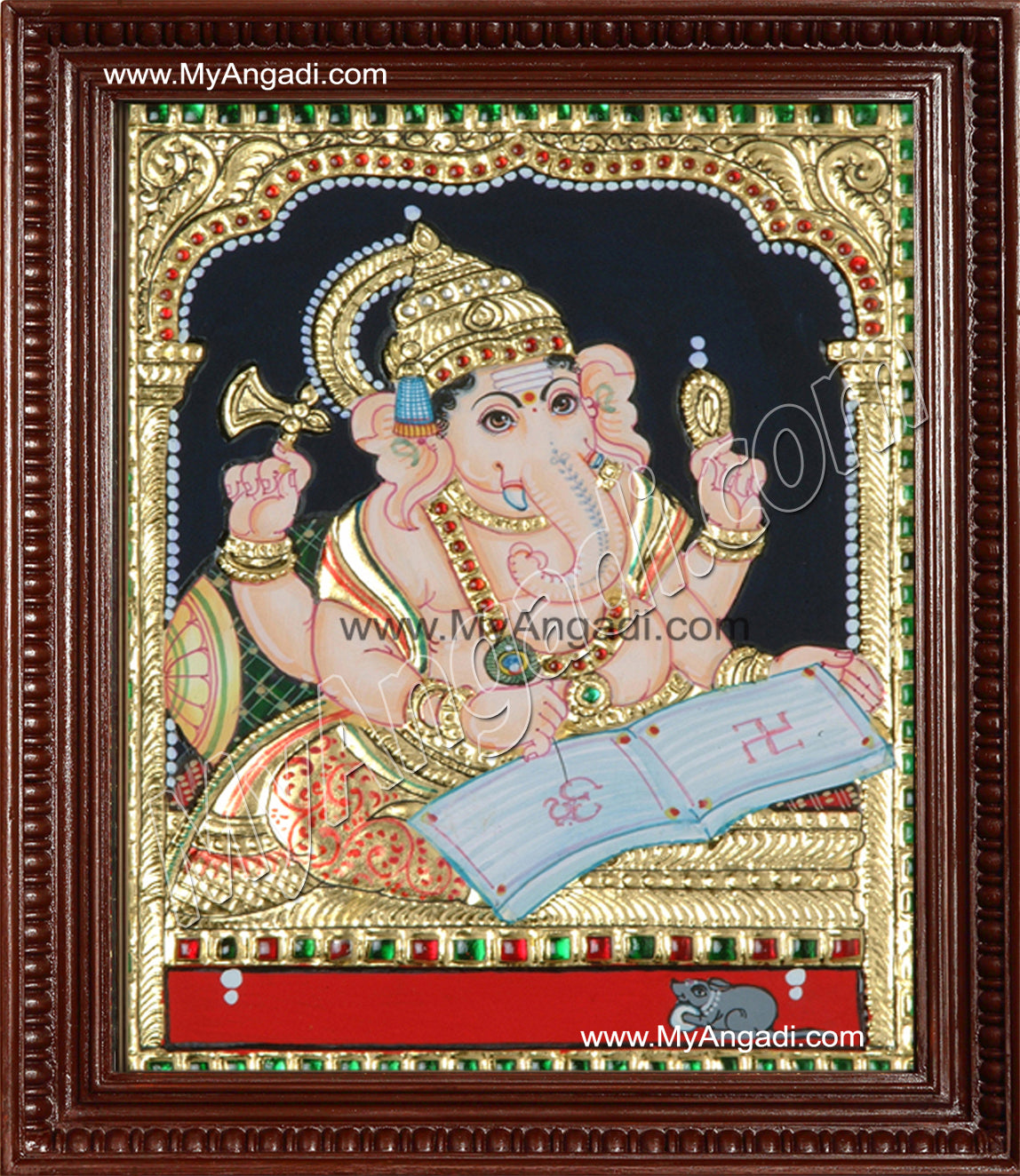 Ganesha With Books Tanjore Painting, Ganesha Tanjore Painting