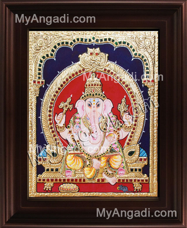 Straight Face Ganesha Tanjore Painting, Ganesha Tanjore Painting