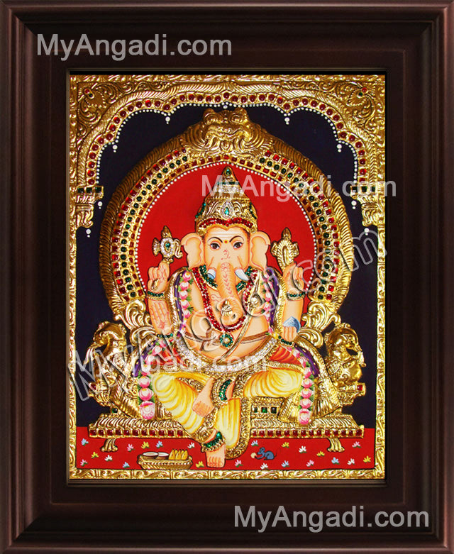 Straight Face Ganesha Tanjore Painting, Ganesha Tanjore Painting